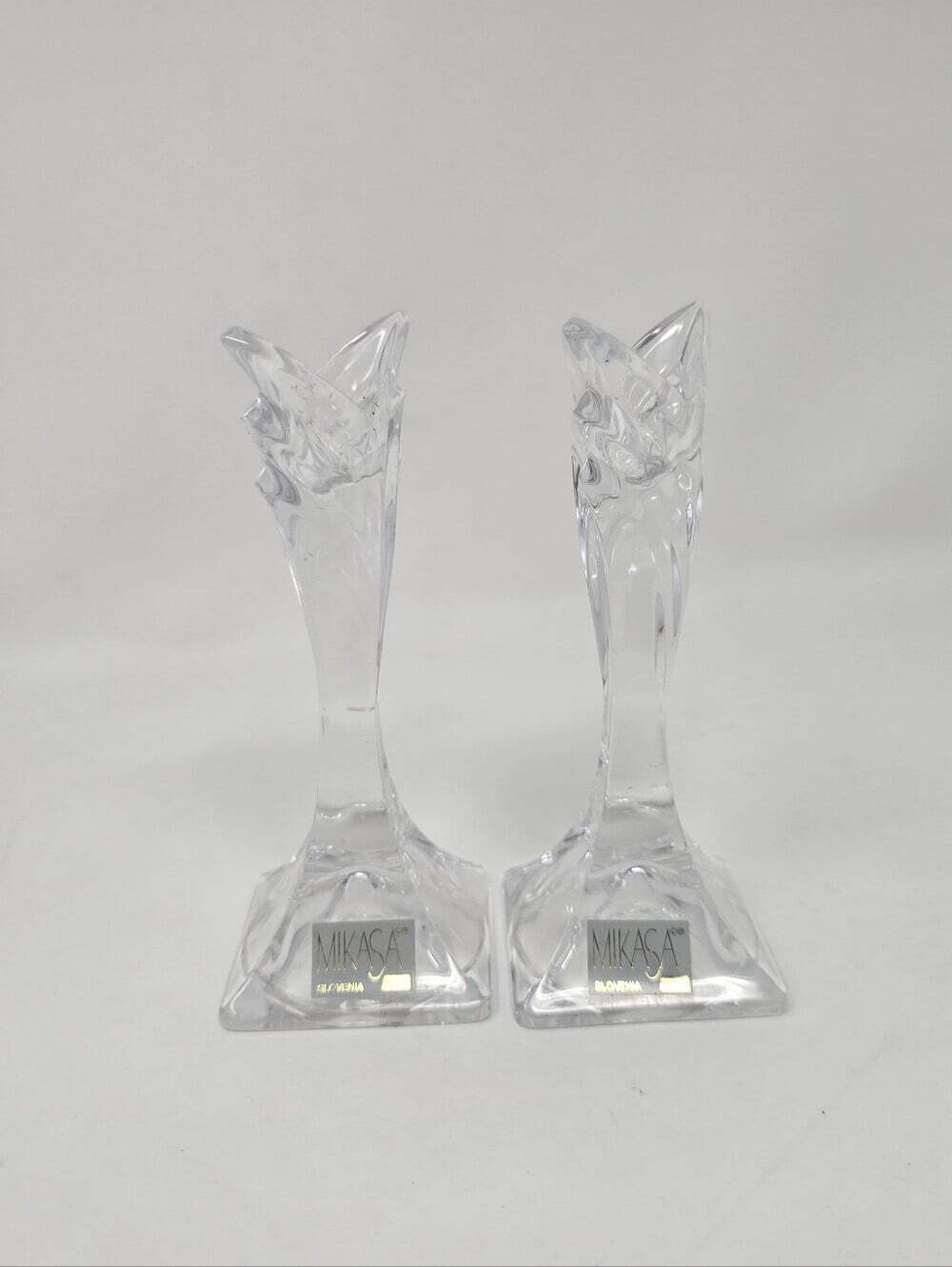 Mikasa Slovenia Pair of Art Deco Lead Crystal Candle Holders Set of 2 5.5"